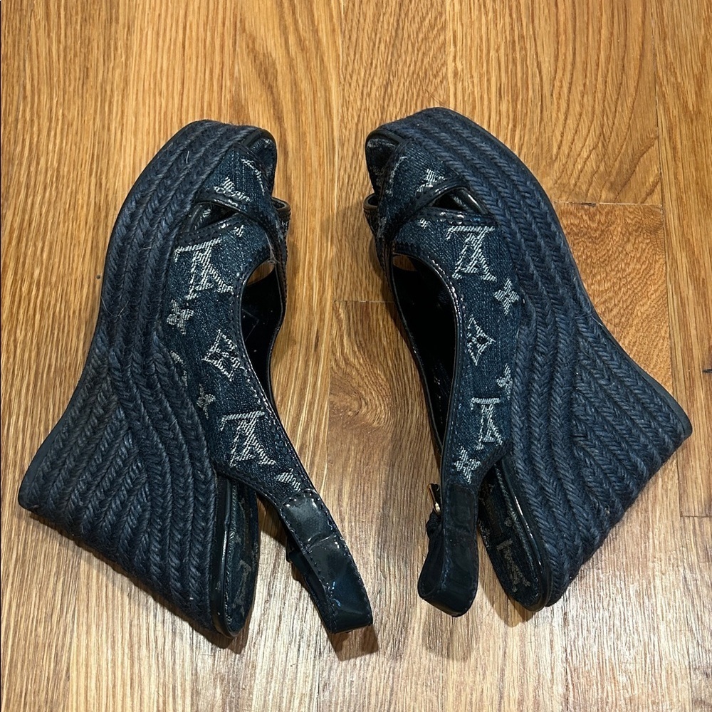 Vintage Louis Vuitton blue denim Wedge Sandals espadrille shoe 37